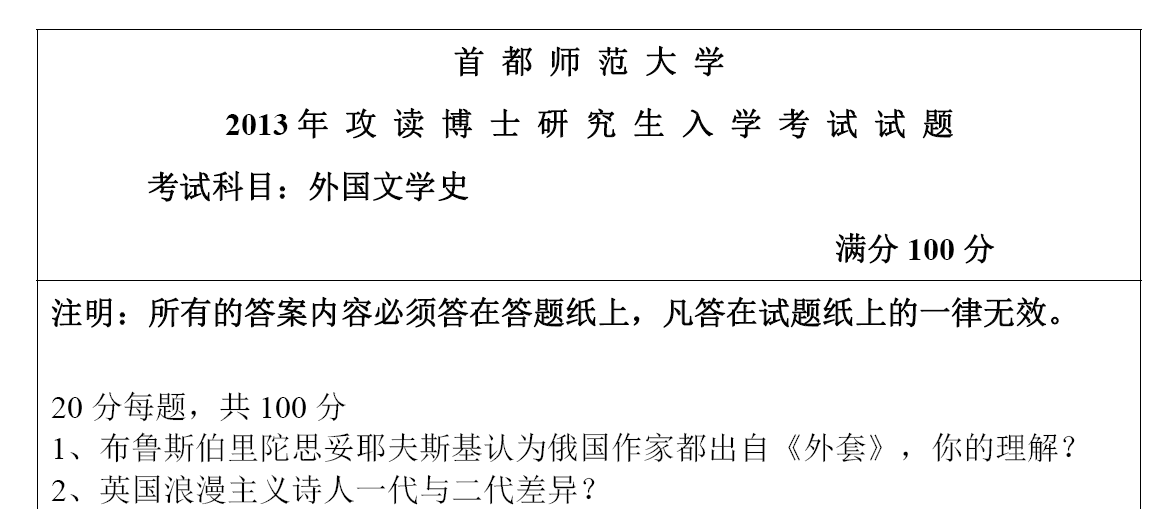 首都师范大学3043外国文学史考博真题