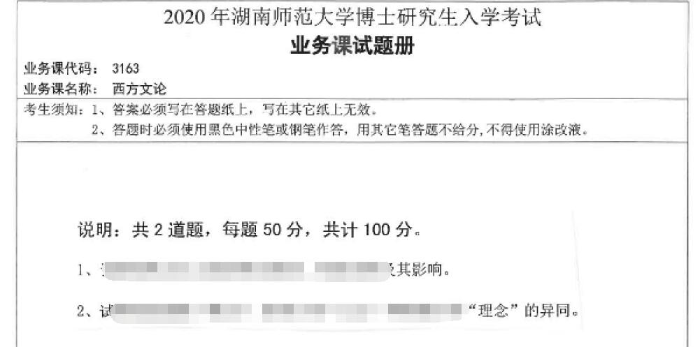 2020年湖南师范大学3163西方文论考博真题