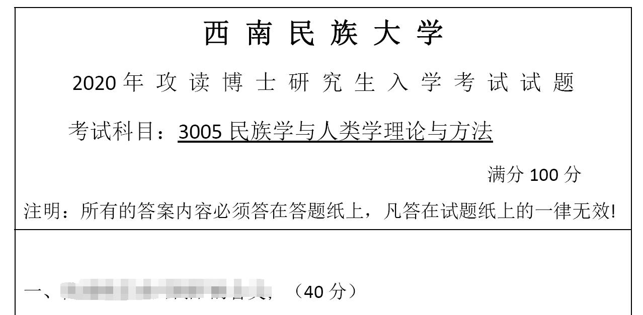 2020年西南民族大学3005民族学与人类学理论与方法考博真题